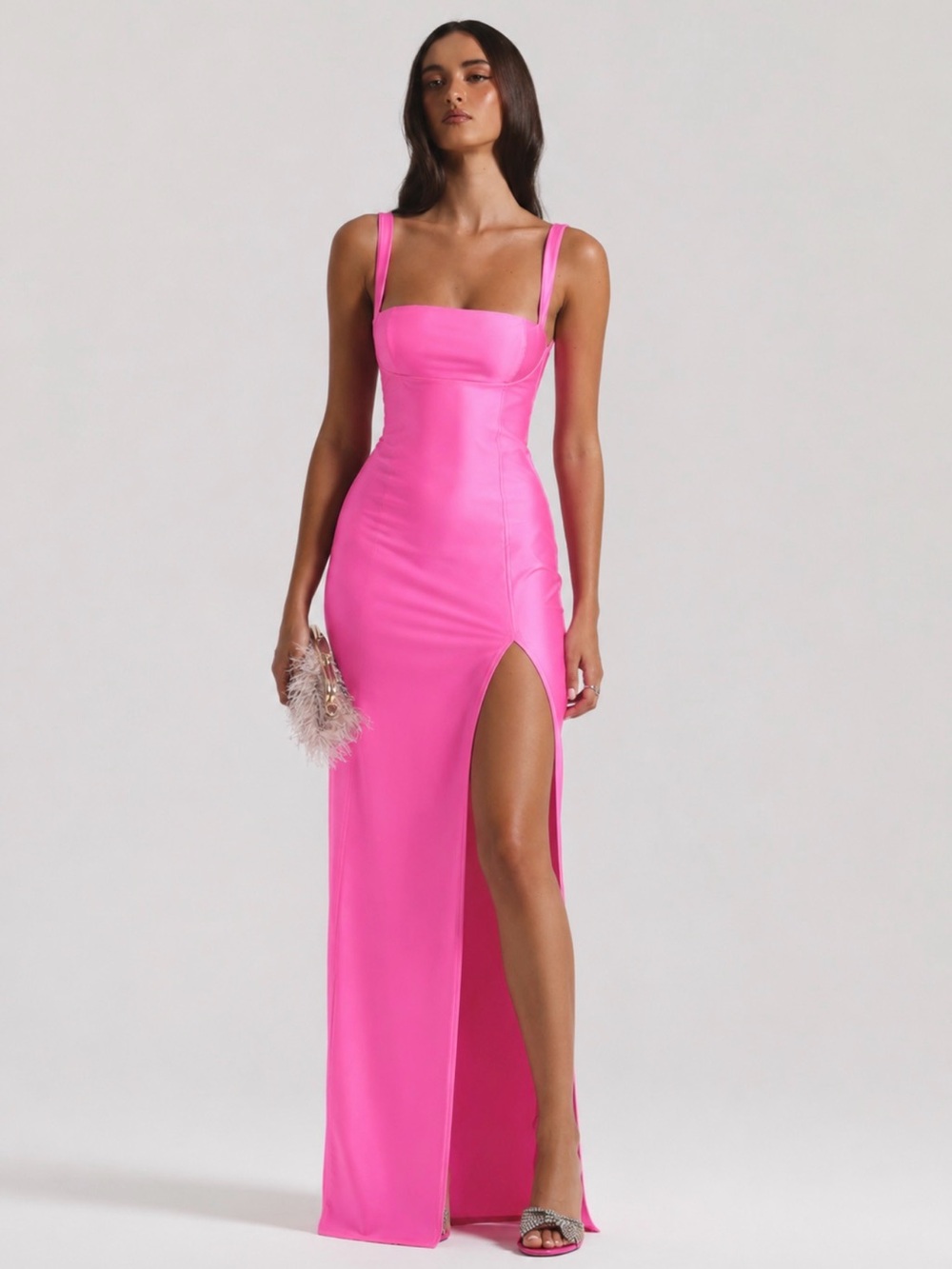 Lucy in the Sky Hot Pink Square-Neck Maxi Dress with Leg Slit Small